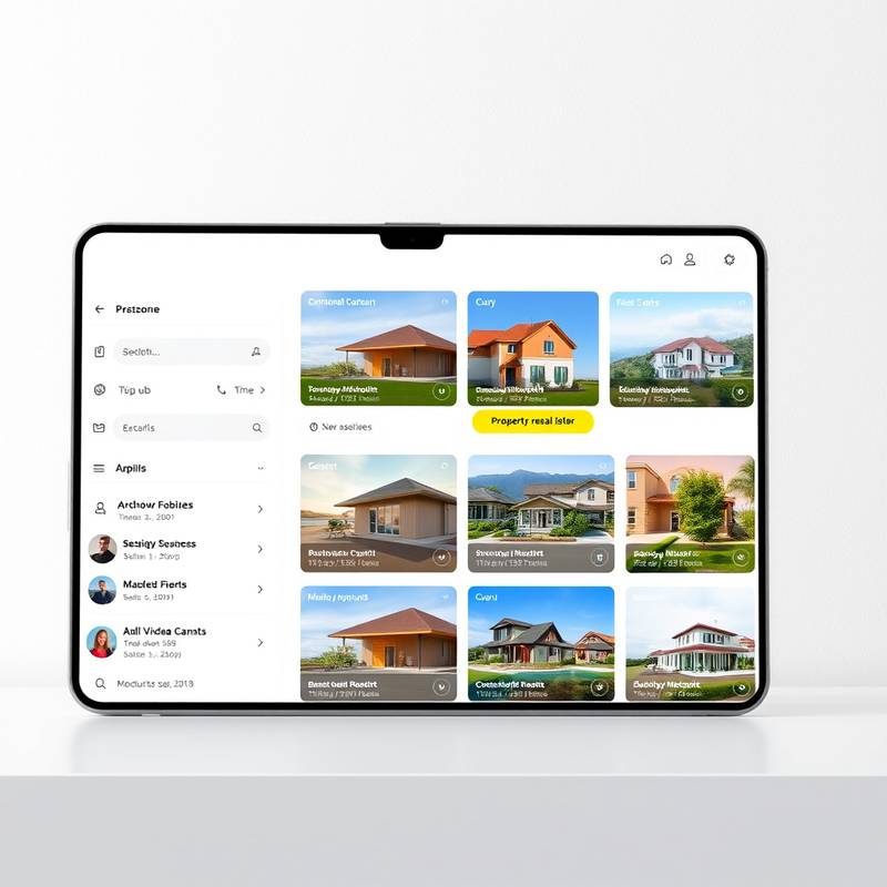 Web application development for a real estate platform, showing property listings and user account management.